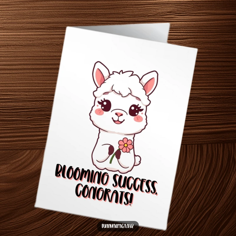 Funny Free Printable Congratulations Card: Happy alpaca offering a delicate flower, symbolizing congratulations and good wishes with a sweet, funny vibe.