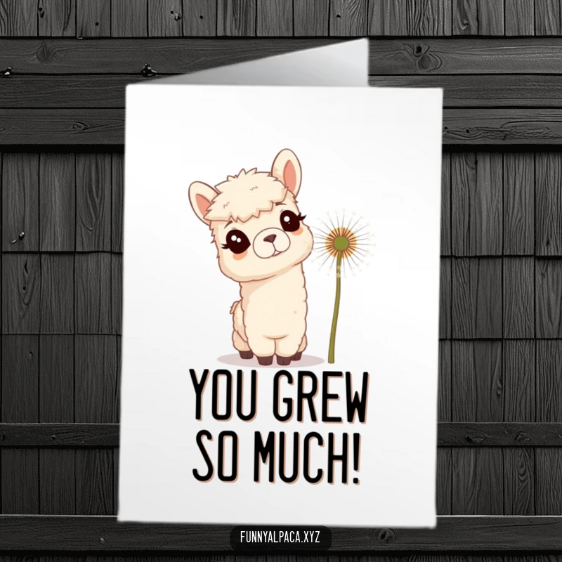 Funny Free Printable Congratulations Card: Curious alpaca tilting head at giant dandelion, symbolizing contemplation of success.