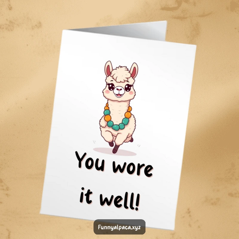 Funny Free Printable Congratulations Card: Silly alpaca with comical expression running with a large lei, signifying celebration.
