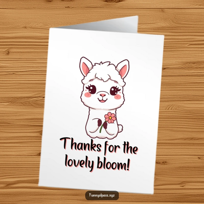 Funny Free Printable Thank You Card: Smiling alpaca offering a flower, conveying heartfelt thanks with a sweet and humorous demeanor, a kind downloadable.