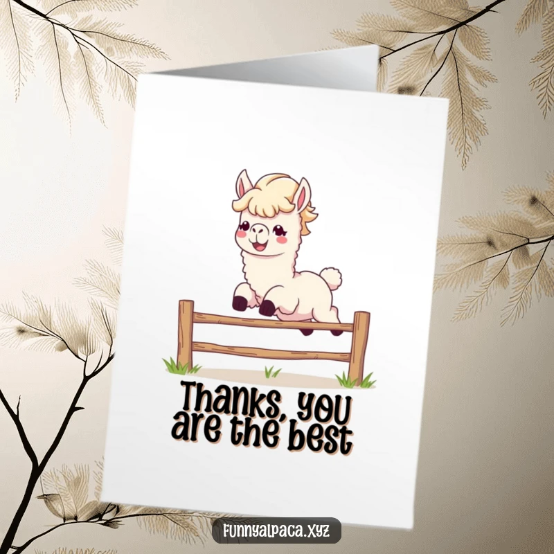 Funny free printable thank you card: An energetic alpaca with a flowing mane grins while joyfully leaping over a small fence.