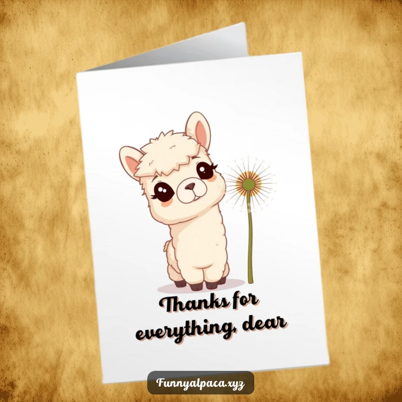 Funny Free Printable Thank You Card: Curious alpaca tilting head at giant dandelion, conveying thoughtful gratitude.