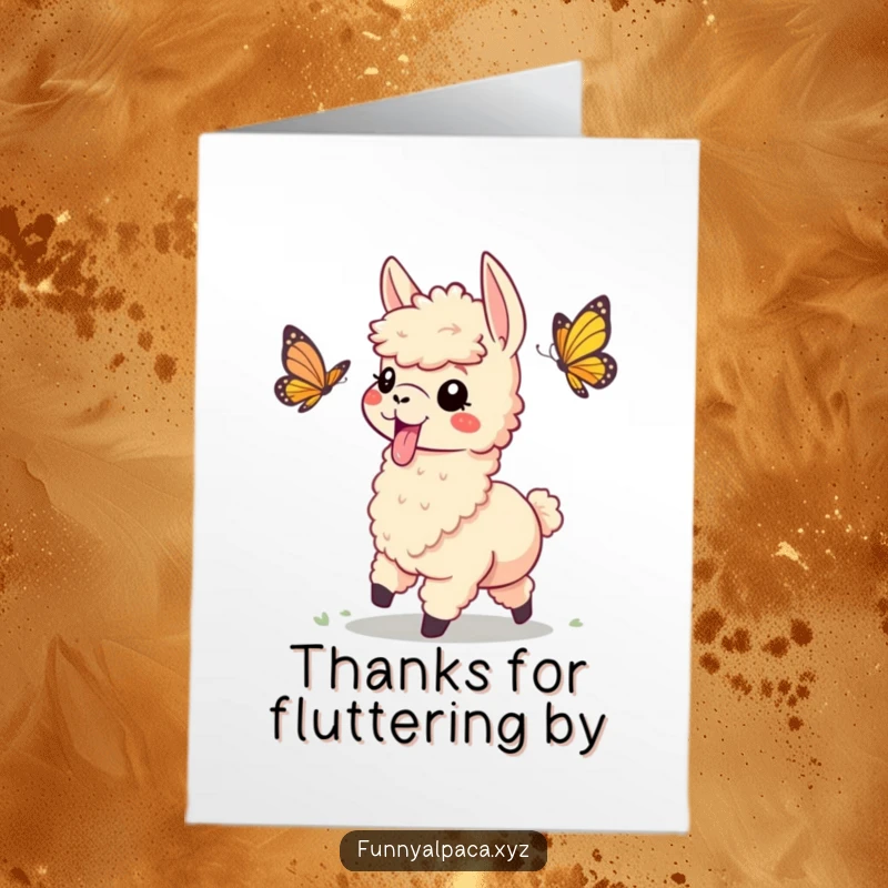 Funny Free Printable Thank You Card: Playful alpaca with tongue sticking out chasing a butterfly, conveying lighthearted thanks.