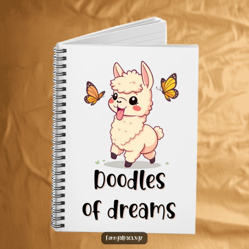 Funny notebook with a playful alpaca, tongue sticking out, chasing a butterfly, ready for your fun ideas.