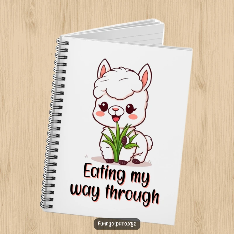 Funny Alpaca Grass Notebook: A content alpaca eats grass, providing a peaceful and humorous backdrop for notes.