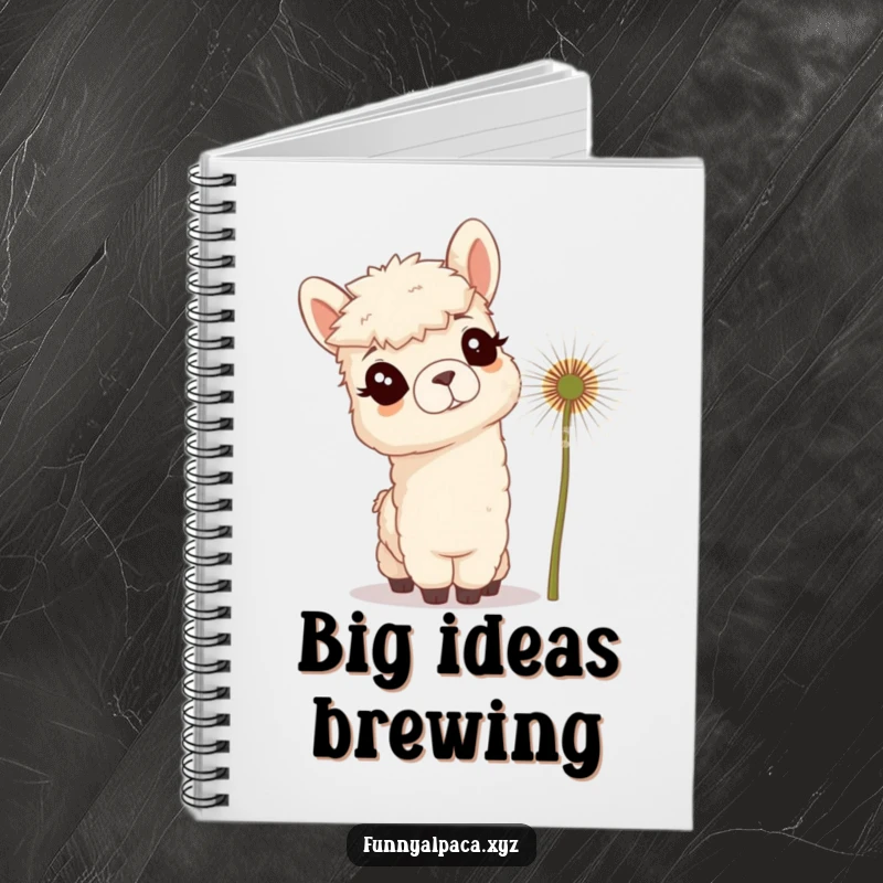 Funny notebook with a curious alpaca tilting its head, fascinated by a giant dandelion, ready for your notes and ideas.