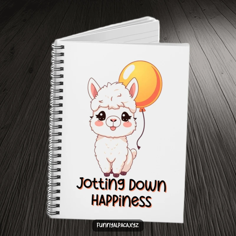 Funny notebook depicting a joyful alpaca with a fluffy coat and bright eyes, nudging a colorful balloon, ready for your notes.