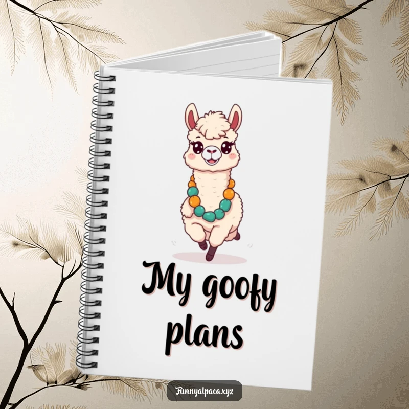 Funny notebook with a silly alpaca, comical expression, running with a large lei, ready for your fun ideas.