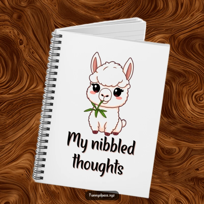 Funny alpaca notebook featuring a determined alpaca nibbling a green sprig, perfect for capturing ideas with a humorous and focused spirit.