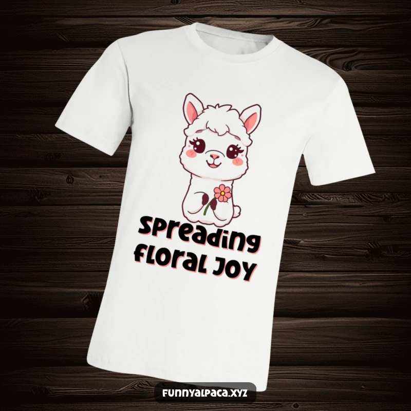 Funny Alpaca Flower Offering T-Shirt: A smiling alpaca offers a colorful flower, radiating warmth and cheer.