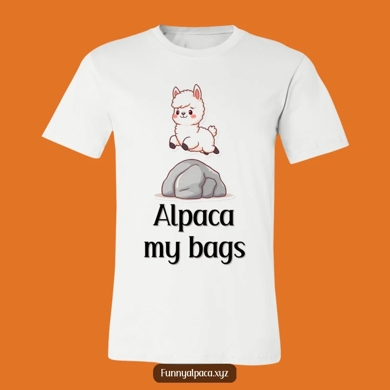 Funny Fluffy Alpaca T-Shirt: Leaping Over Rock, Playful Animal Wear