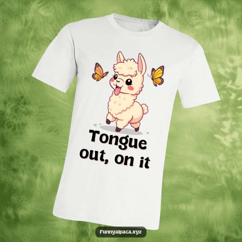 Funny t-shirt featuring a playful alpaca with its tongue sticking out, chasing a butterfly with glee, showing a moment of pure joy.