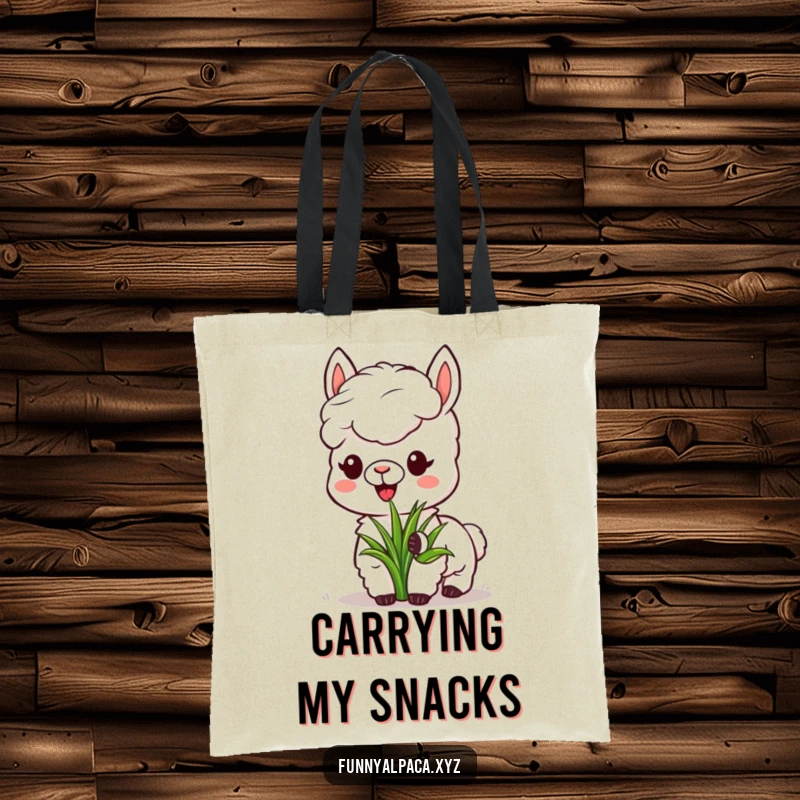 Funny Alpaca Grass Tote Bag: A happy alpaca savors a mouthful of grass, ideal for carrying essentials with humor.