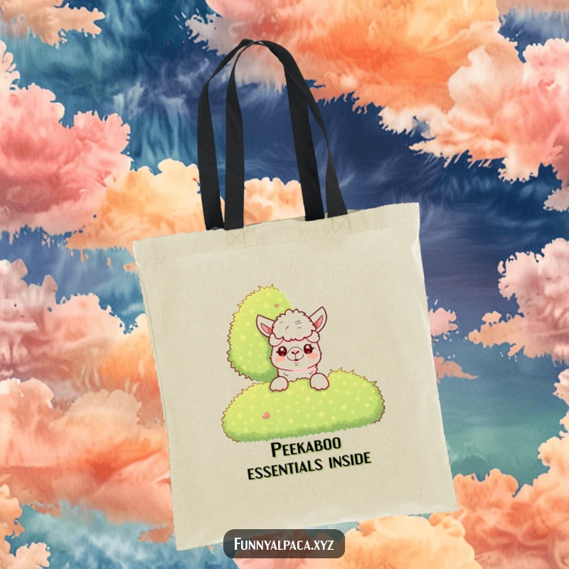 Funny Alpaca Bush Tote Bag: An observant alpaca peeks from behind a bush, adding a touch of curious humor.