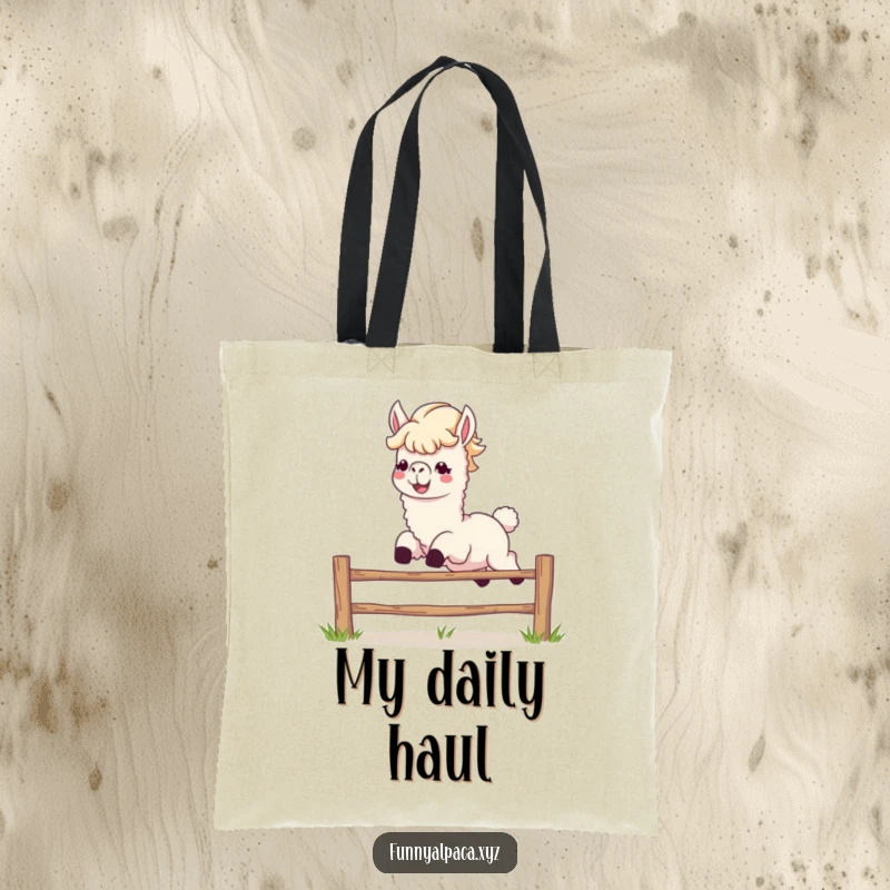 Funny alpaca tote bag leaping a fence, suitable for daily use and animal humor.