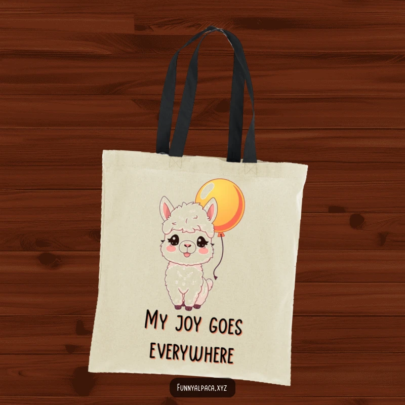 Funny tote bag with a joyful alpaca, fluffy coat, bright eyes, nudging a colorful balloon, a symbol of lighthearted fun.