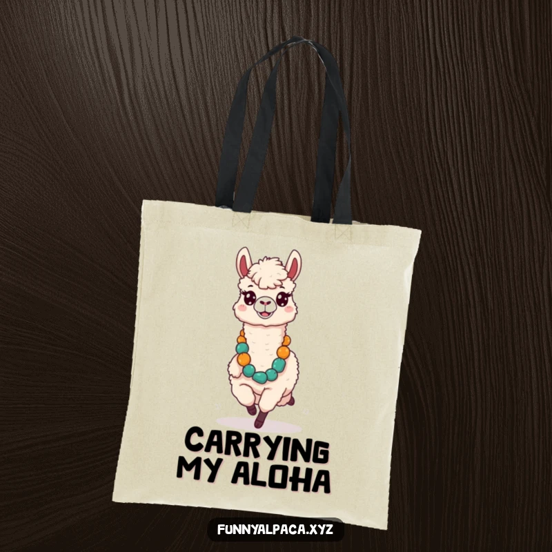 Funny tote bag depicting a silly alpaca with a comical expression running with a large lei, perfect for beach days.